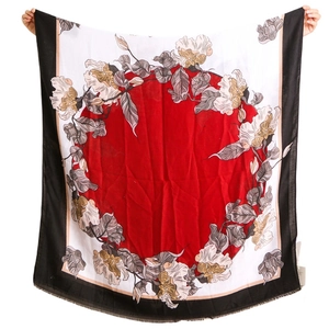 Large red and white floral cotton linen scarf with hand-pulled raw edges and bold black border