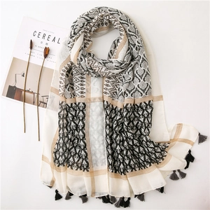 Bohemian linen cotton scarf with geometric patterns and fringe tassels for beach sun protection
