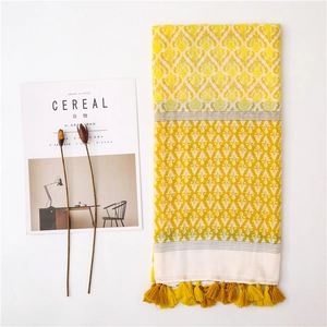 Macro detail of yellow cotton linen shawl featuring vintage prints and handmade tassels
