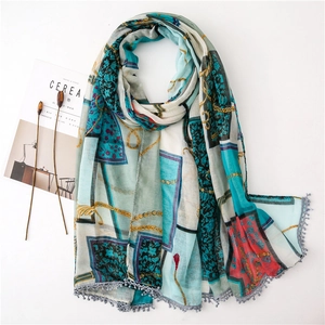 Retro print cotton linen scarf with chain pattern and tassel fringe on white background