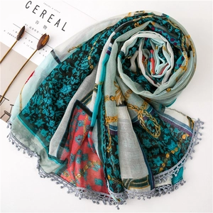 Bohemian retro chain print cotton linen scarf with elegant gray pom-pom fringe trim