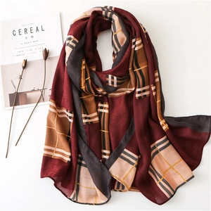 Classic oversized checkered scarf in burgundy and brown cotton linen for women