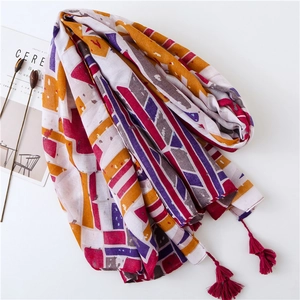 Ethnic geometric print beach shawl with tassels, lightweight cotton linen sun protection scarf