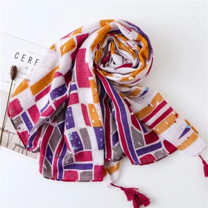 Ethnic geometric print cotton linen beach shawl with tassels and colorful patterns
