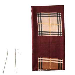 Deep wine red cotton linen scarf with classic beige and brown plaid pattern patchwork