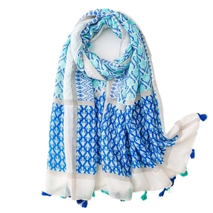 Bohemian linen cotton scarf with blue geometric floral prints and decorative tassels
