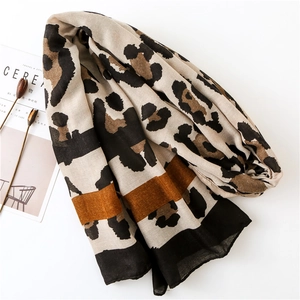 Elegant cotton linen leopard print scarf with solid black borders for summer sun protection