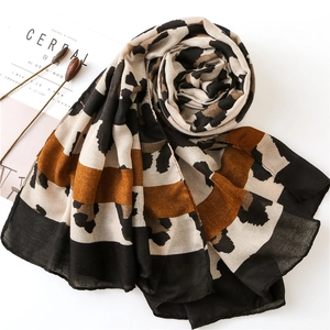 Classic leopard print linen scarf with black and caramel stripes for women's summer shawl