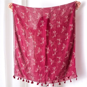 Women Large Scarf Shawl Voile Bird Butterfly Print Tassel Edge Lightweight Beach Sunscreen Wrap Elegant Accessories
