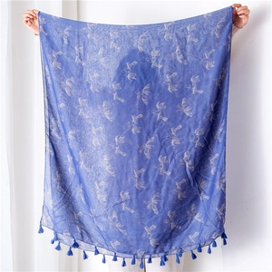 Navy blue rectangular scarf featuring golden elk prints and stylish tassel edges