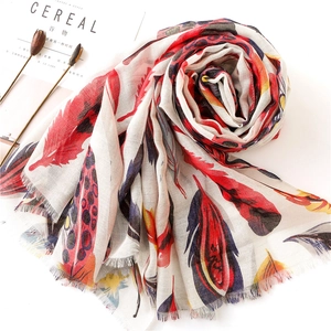 Linen cotton scarf with colorful feather print and metallic threads for women
