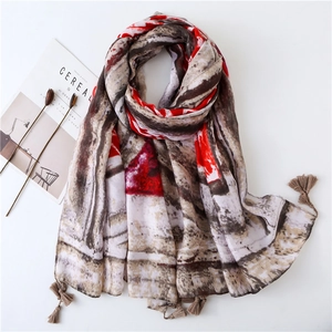 Women Vintage Ethnic Scarf Shawl Cotton Geometric Totem Print With Tassel Fringe For Beach Travel