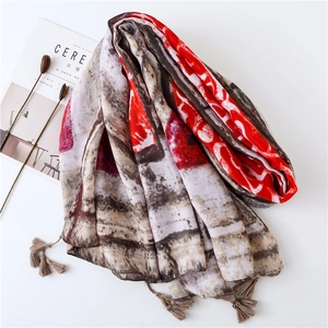 Vintage geometric flame print scarf with tassels, colorful sun-protective beach shawl