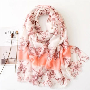Floral Print Scarf Long Large Lightweight Satin Cotton Voile Shawl Wrap Frayed Edge For Women Elegant Decorative