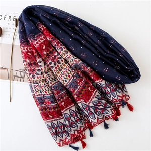 Bohemian floral cotton linen shawl with tassels for travel in navy blue and red