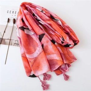 Écharpe à imprimé flamant rose et orange avec pompons décoratifs et texture légère
