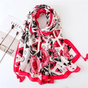 Damen Langer Schal Satin Baumwolle Stola Mit Quasten Blumen Geometrischer Druck Dünner Atmungsaktiver Ganzjahreswickel