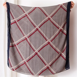 Checkered cotton linen scarf with red and navy blue geometric print for sun protection