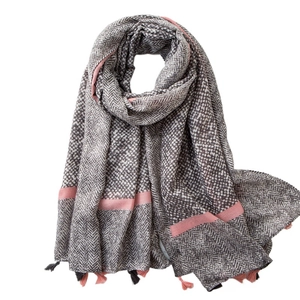 Linen cotton scarf for women with patchwork herringbone and polka dot patterns and fringe