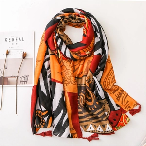 Ethnic Print Shawl Scarf For Women Bohemian Totem Pattern Cotton Linen Long Wrap With Tassels Soft Sun Protection