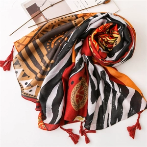Bohemian ethnic cotton linen shawl with red tassels and geometric totem patterns