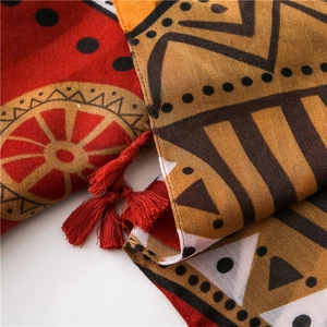 Ethnic style cotton linen scarf with red tribal print and decorative fringe tassels