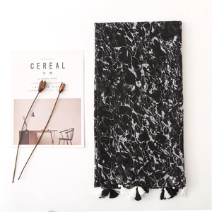 Linen cotton scarf with black and white marble print and fringe tassels for women