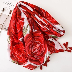 Floral cotton linen shawl with red rose print and tassel edges for sun protection