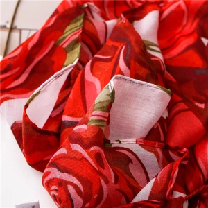 Lightweight cotton linen shawl with red rose floral patterns for summer beach sun protection