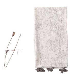 Linen cotton scarf featuring artistic marble pattern and charcoal grey tassel fringe