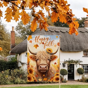 Autumn Garden Flag Polyester Double Sided Welcome Fall Thanksgiving Outdoor Yard Decoration Highland Cow Pumpkin Pattern