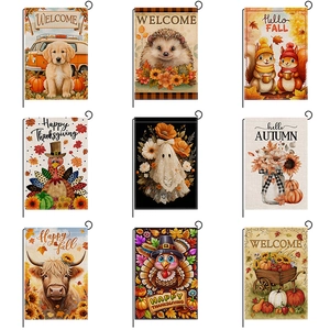 Set of 9 autumn garden flags with watercolor designs for Thanksgiving and fall decor
