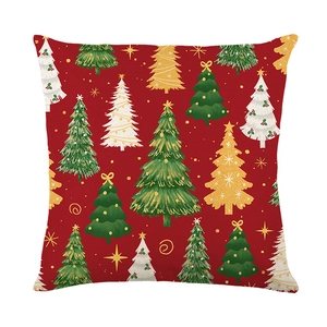 Festive red Christmas pillow cover with colorful hand-drawn tree patterns and stars