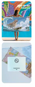 Detail of quick-dry microfiber beach towel with digital print of surfing dog and flowers