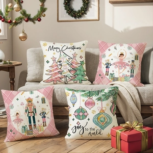 Four-piece set of Christmas pillow covers featuring Nutcracker and tree designs for sofa decor