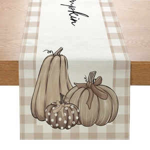 Herbst-Tischläufer mit Kürbisdruck und kariertem Rand aus hochwertigem Leinenstoff