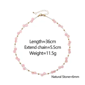 Pink natural stone beaded necklace with gold spacers and adjustable chain extender