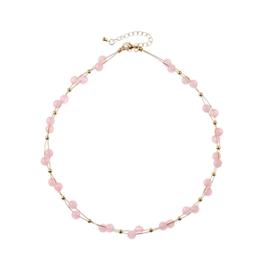 Elegant pink natural stone beaded necklace with gold accents and adjustable lobster clasp