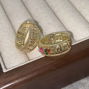 Golden VITA letter open rings with colorful square zircon stones and beaded edges