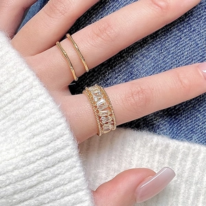 Golden bamboo texture double-layered ring and sparkling wide zircon band for women
