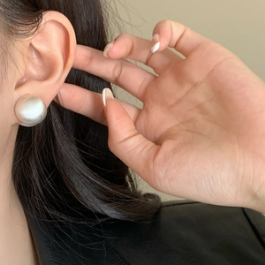 French retro matte silver large button earrings featuring minimalist round metal design