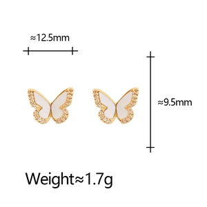 Detailed view of butterfly earrings with white shell inlay and zircon accents, 12.5x9.5mm