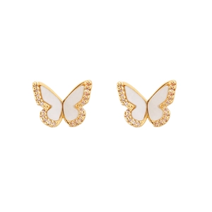 Elegant gold butterfly stud earrings with white enamel and sparkling zircon stones