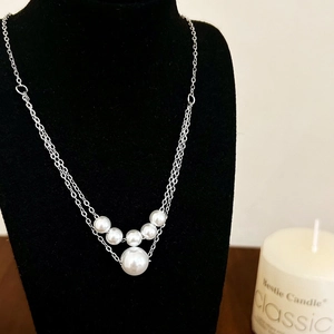 Detail of silver double-layer necklace with gradient pearls on a black velvet display