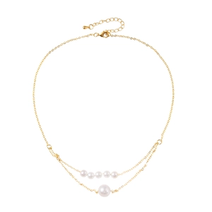 Elegant double layer gold pearl necklace featuring a five-pearl row and single pendant drop