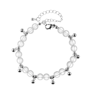 Retro transparent frosted glass bead bracelet with silver bell charms and adjustable clasp
