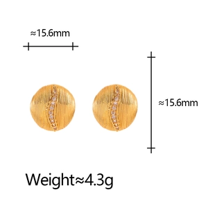 Minimalist gold circle stud earrings with brushed texture and zircon accents