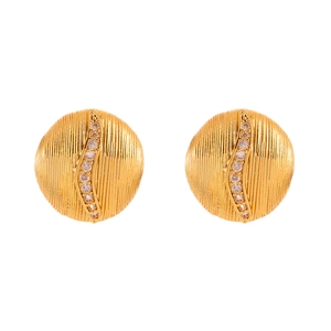 Elegant gold round stud earrings with brushed texture and zircon curved inlay