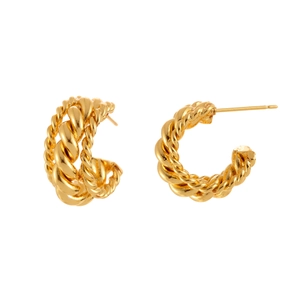 Polished gold twisted hoop earrings with a chunky braided metal texture for women