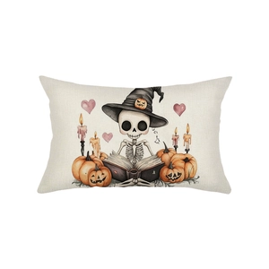 Halloween lumbar pillow cover with cute skeleton reading by pumpkin and candles